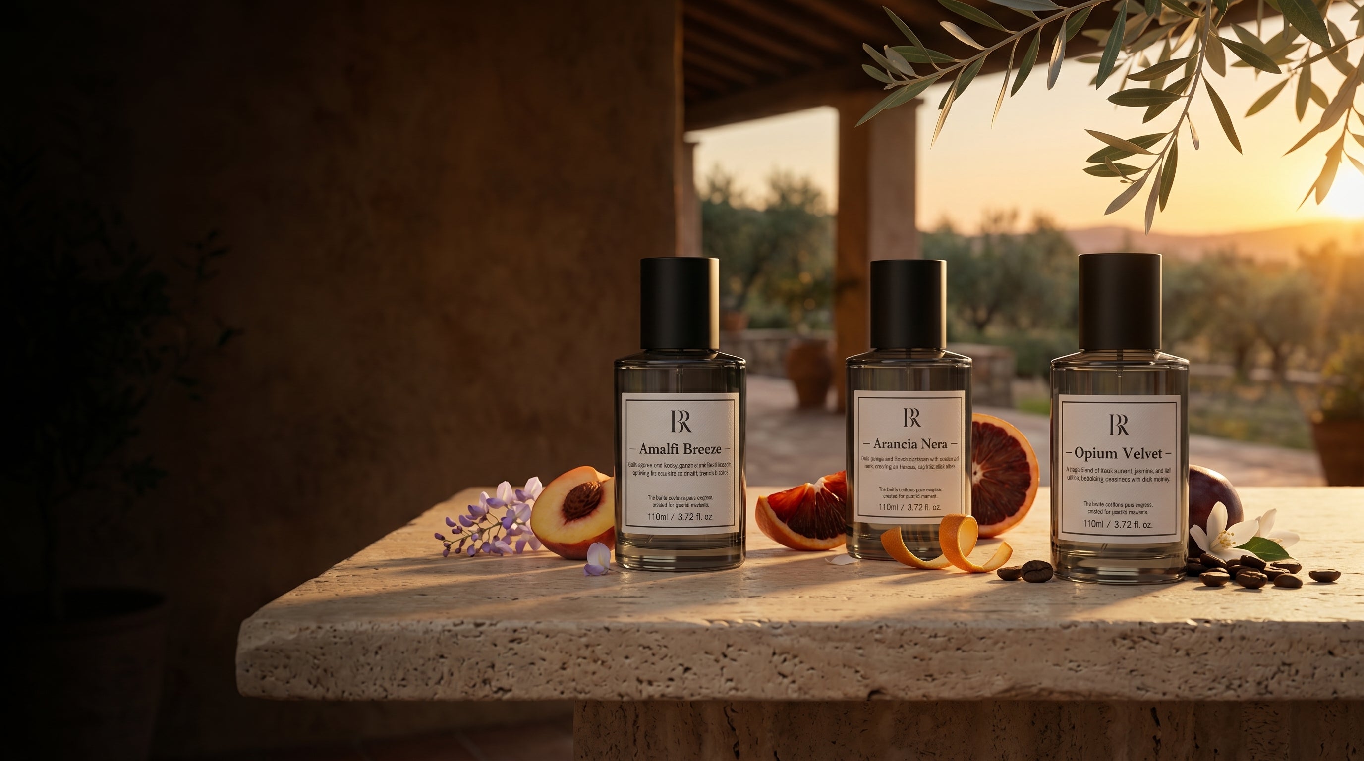 Esente Barrano Amalfi Breeze Arancia Nera Opium Velvet pe travertin la apus de soare in vila mediteraneeana — abonament parfum ambiental