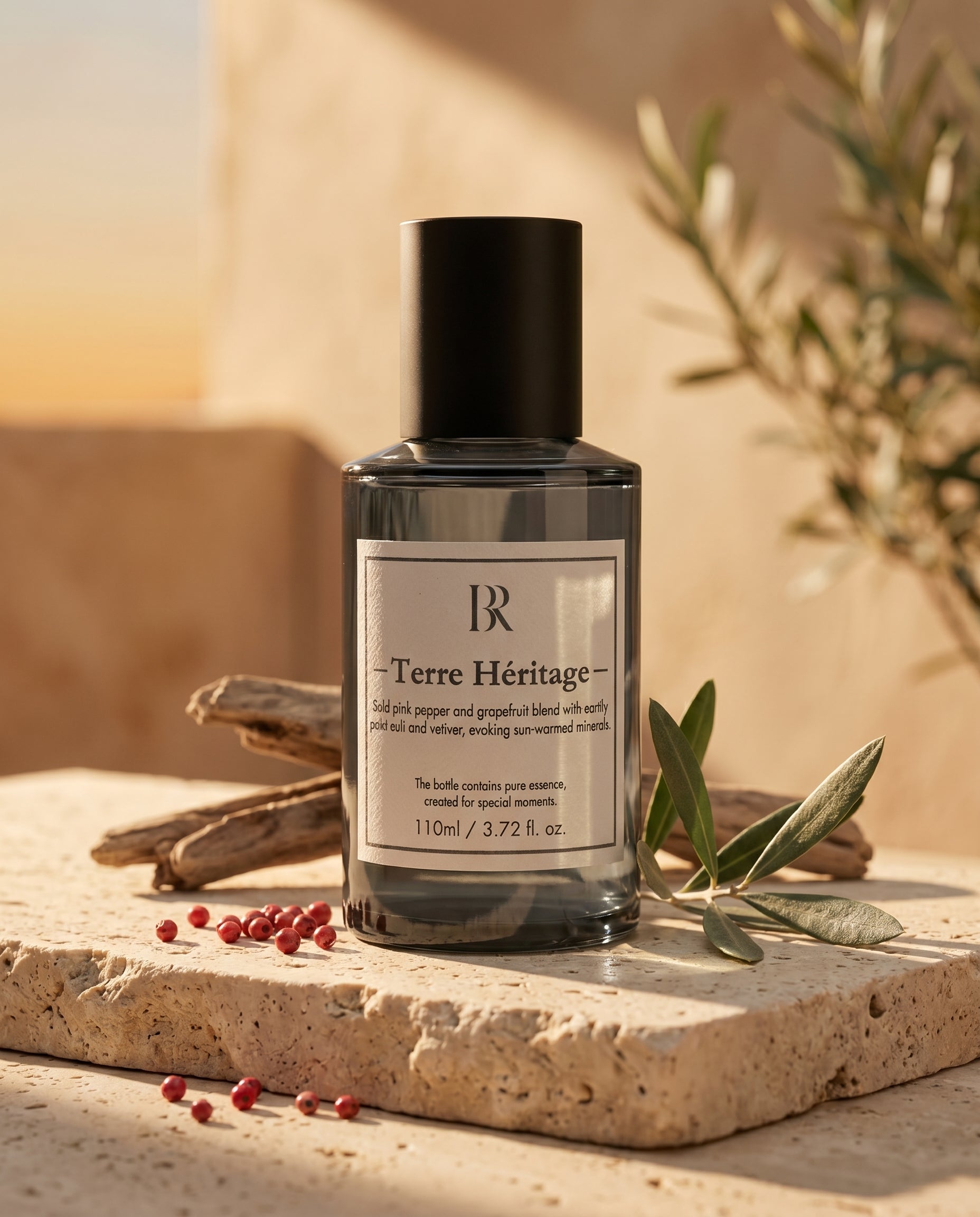 Esenta Terre Heritage Barrano pe travertin mediteranean cu masline si piper roz — abonament parfum ambiental IFRA