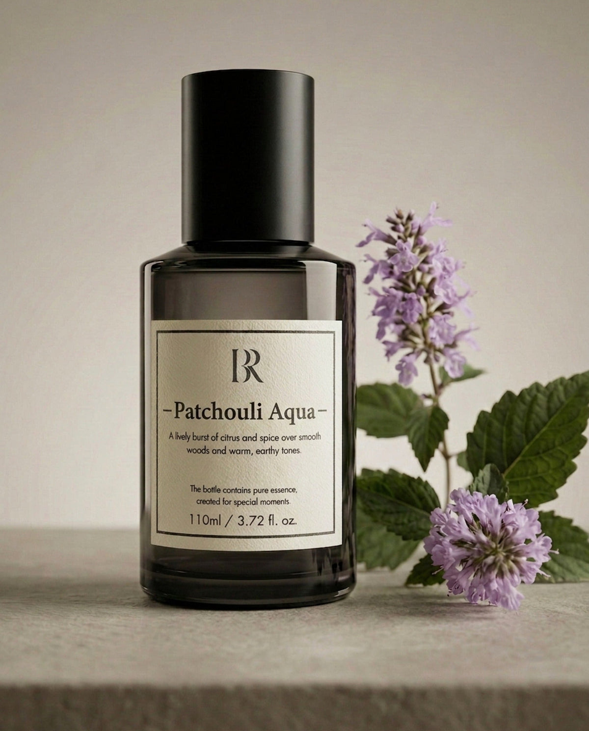 Esență Patchouli Aqua Barrano — flacon 110ml pe piatră cu flori de mentă, refill difuzoare Aera/Puro/Lumo/Muse/Icon IFRA