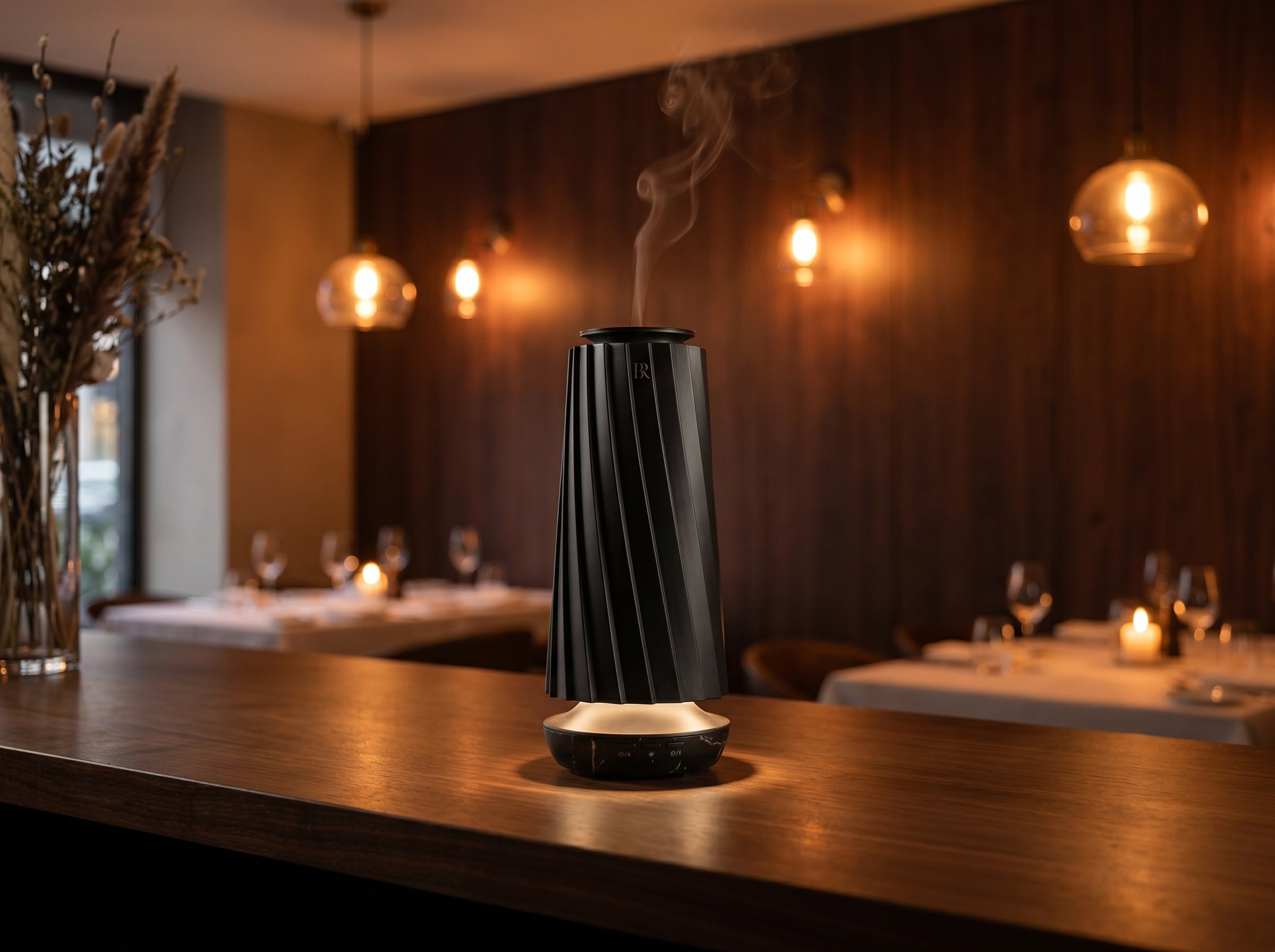 Difuzor Barrano Muse Black pe blat de bar restaurant boutique cu pendant lights warm — B2B hospitality scenting
