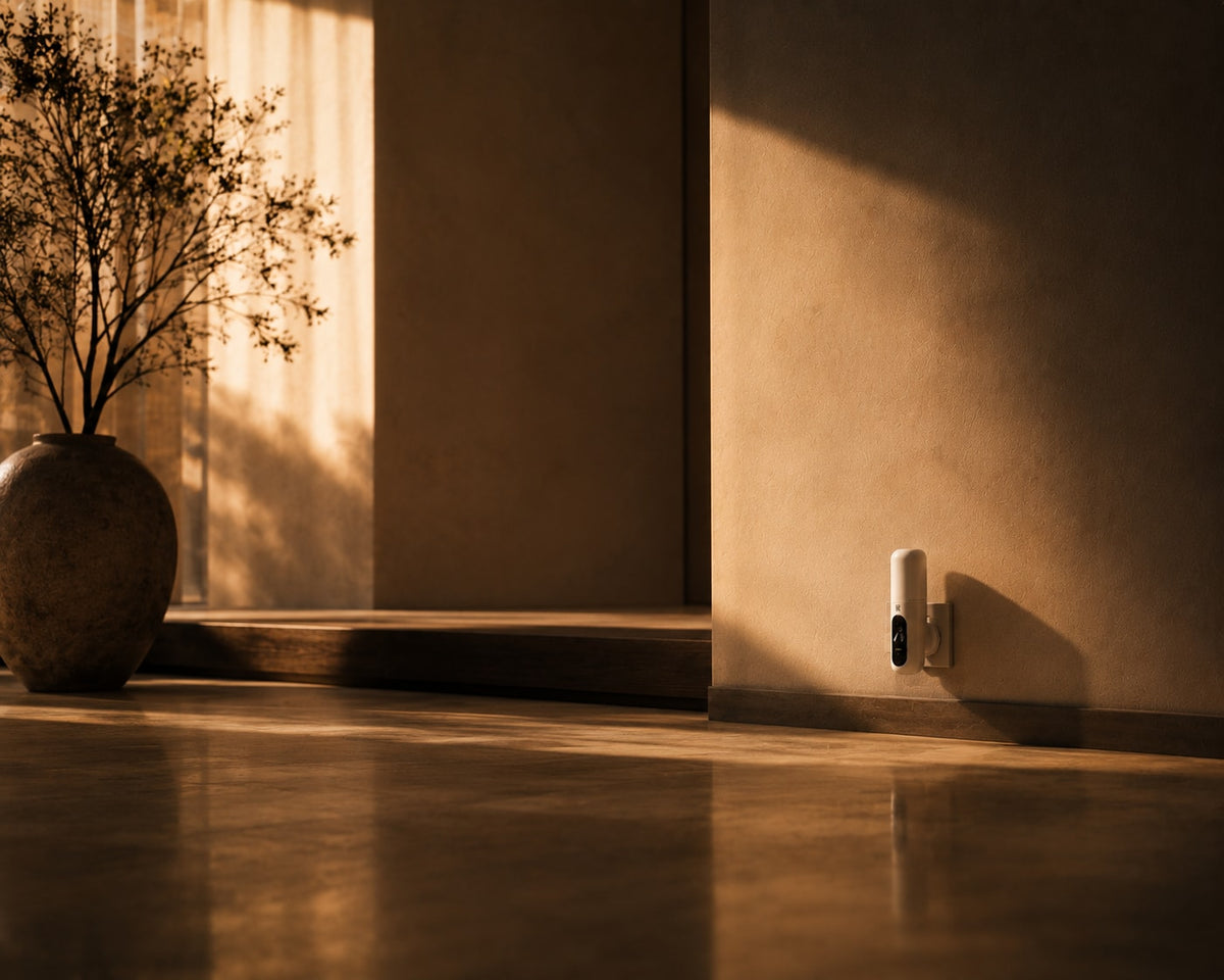 Aparat odorizant camera Barrano Cora in interior minimalist cu lumina naturala