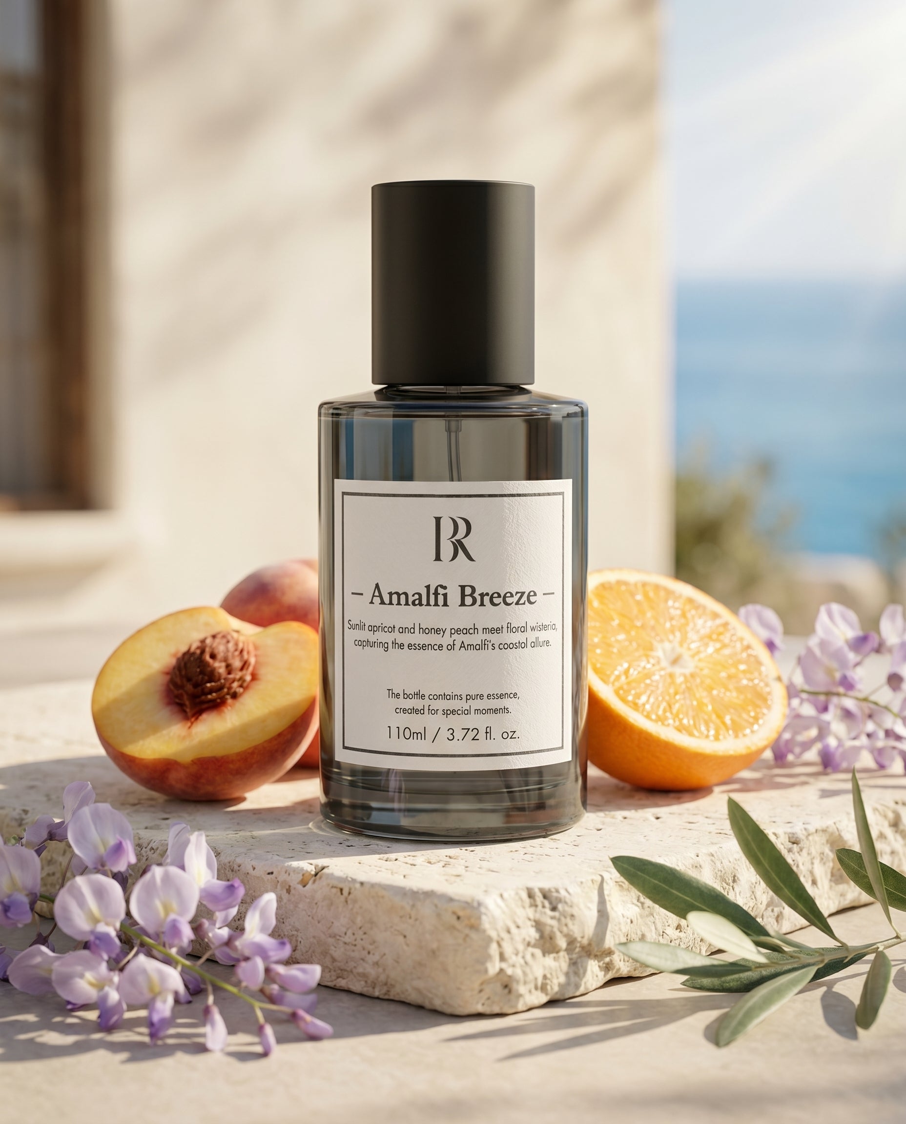 Esenta Amalfi Breeze Barrano pe travertin cu piersica caisa wisteria si masline — coasta amalfitana azurie