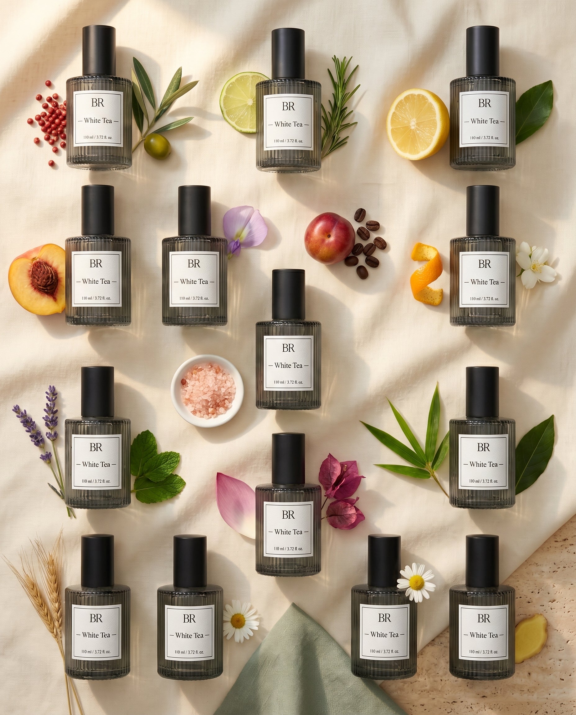 Colectie sticlute esente Barrano cu etichete BR identice si elemente Mediterraneean (piper roz lime lemon peach lavender jasmine) — 13 esente IFRA hotel-grade