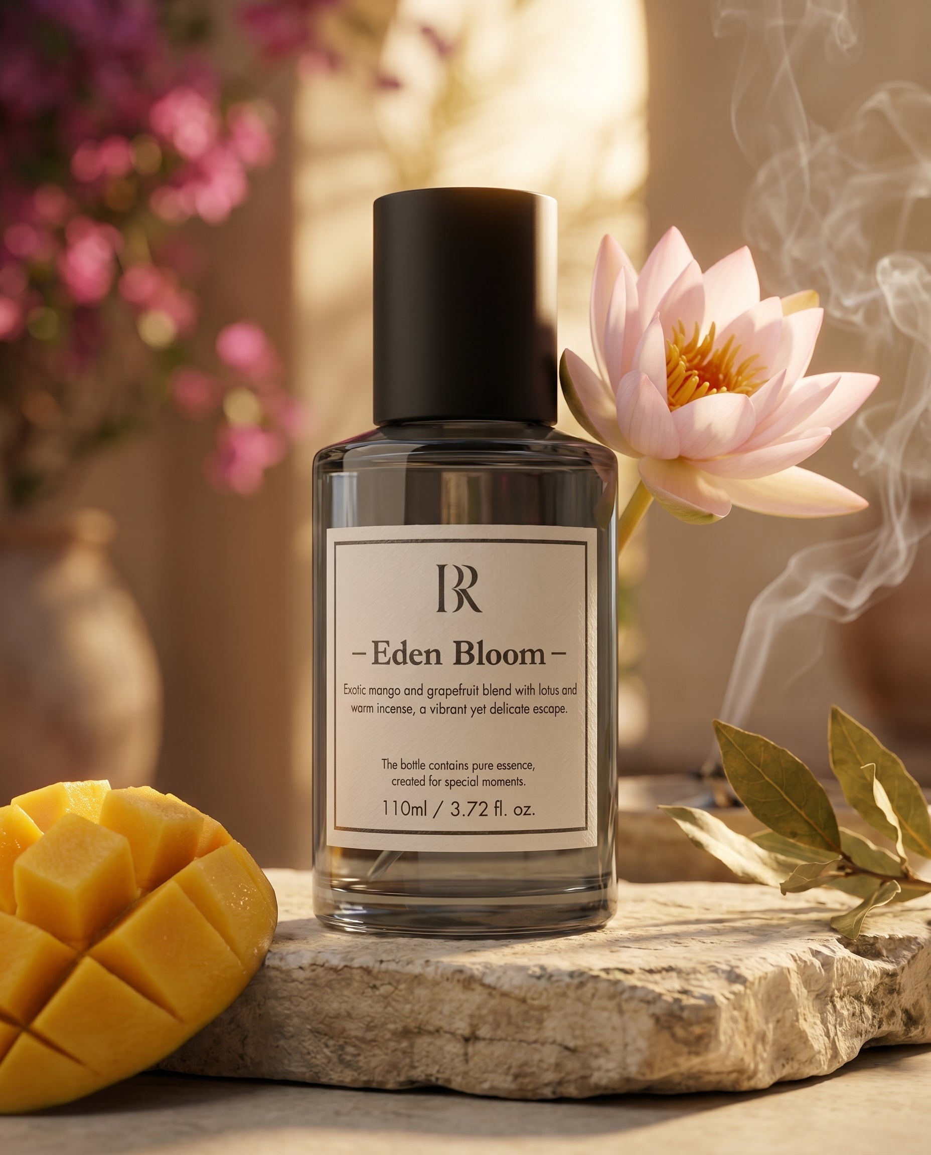 Esenta Eden Bloom Barrano pe limestone cu mango lotus tamaie bougainvillea — conservatoriu mediteraneean