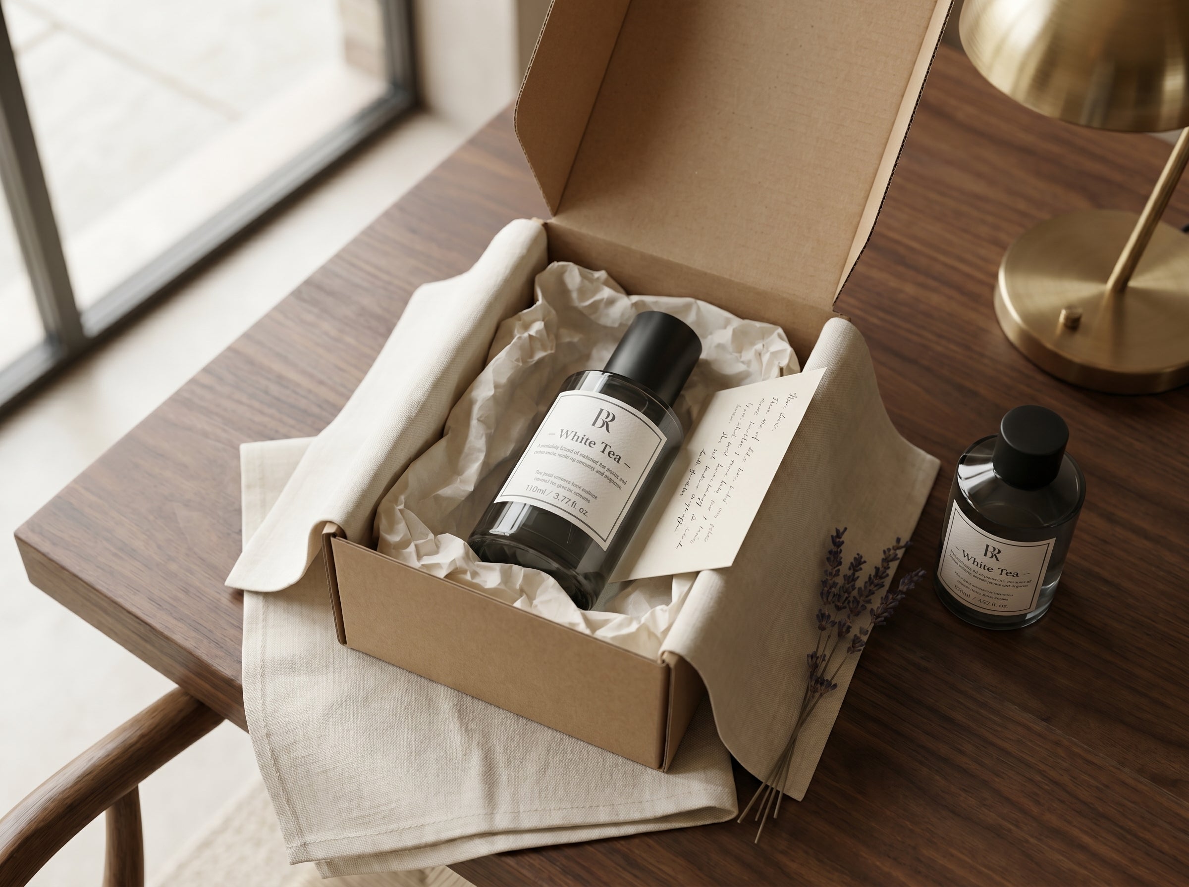Abonament esente parfum Barrano unboxing cutie kraft cu flacon White Tea 110ml — livrare gratuita recurenta