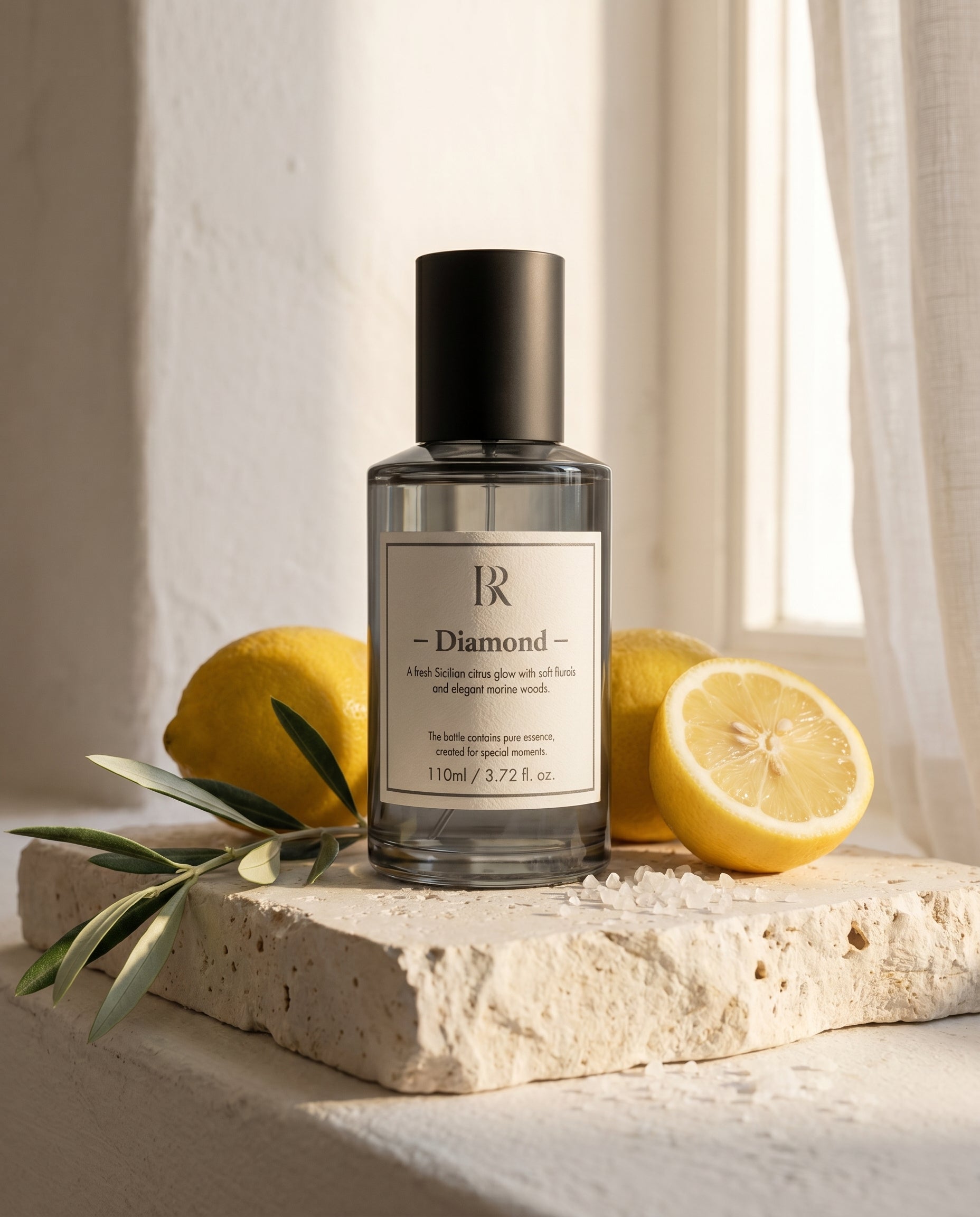 Esenta Diamond Barrano pe limestone cu lamai siciliene si masline — atmosfera mediteraneeana refill IFRA