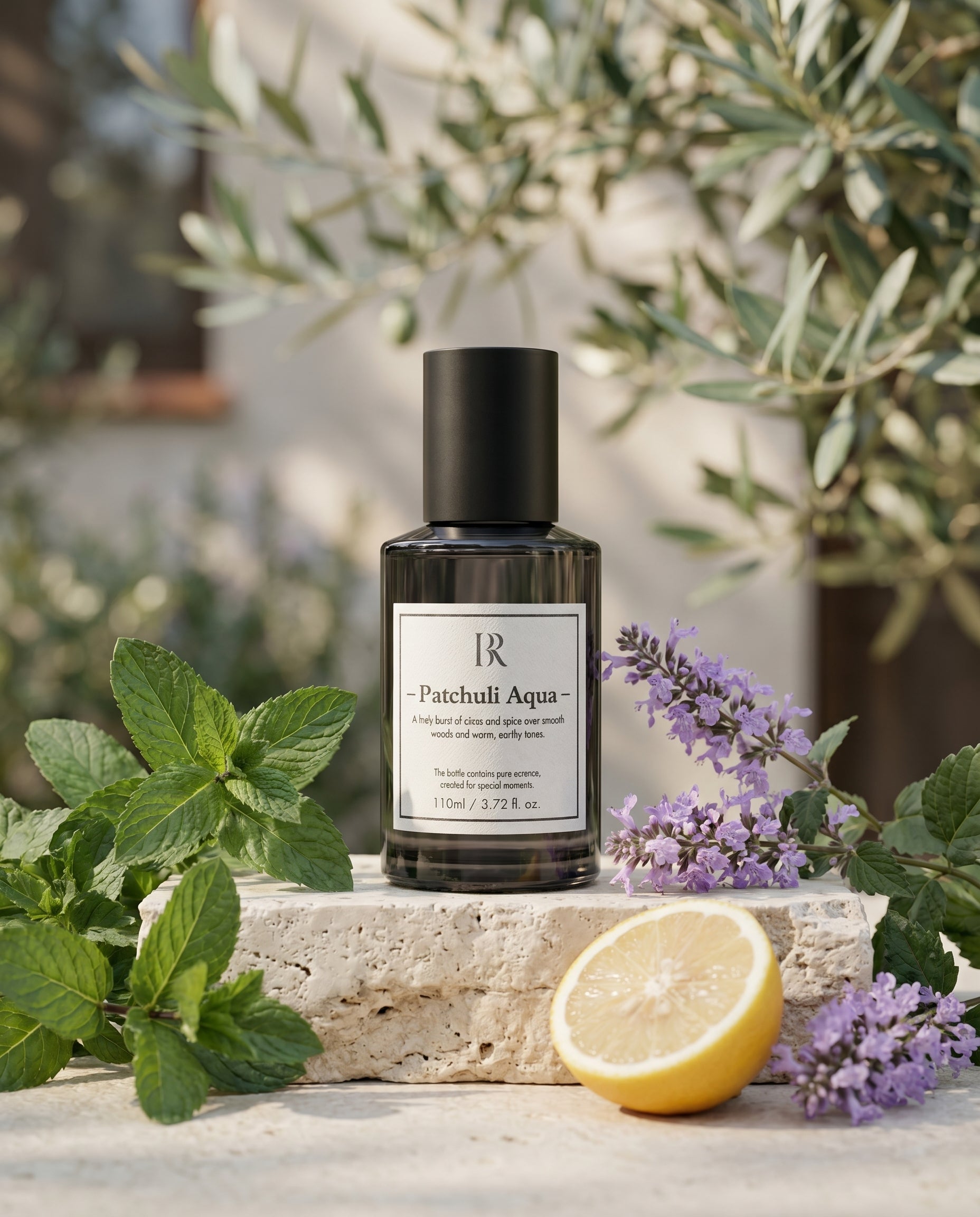 Esenta Patchuli Aqua Barrano pe travertin cu lavanda menta lamaie — gradina mediteraneeana de ierburi