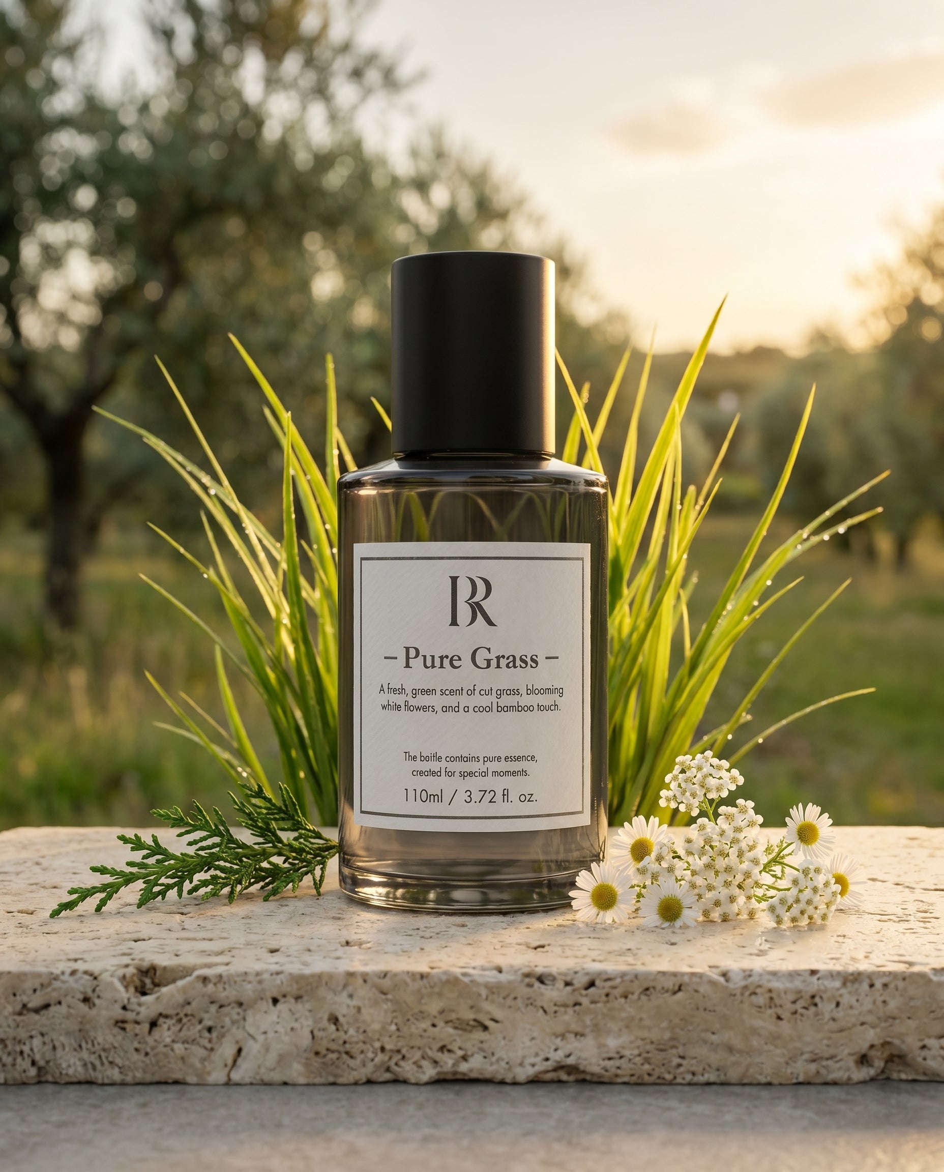Esenta Pure Grass Barrano pe travertin cu iarba proaspata chiparos margarete — pajiste mediteraneeana golden hour