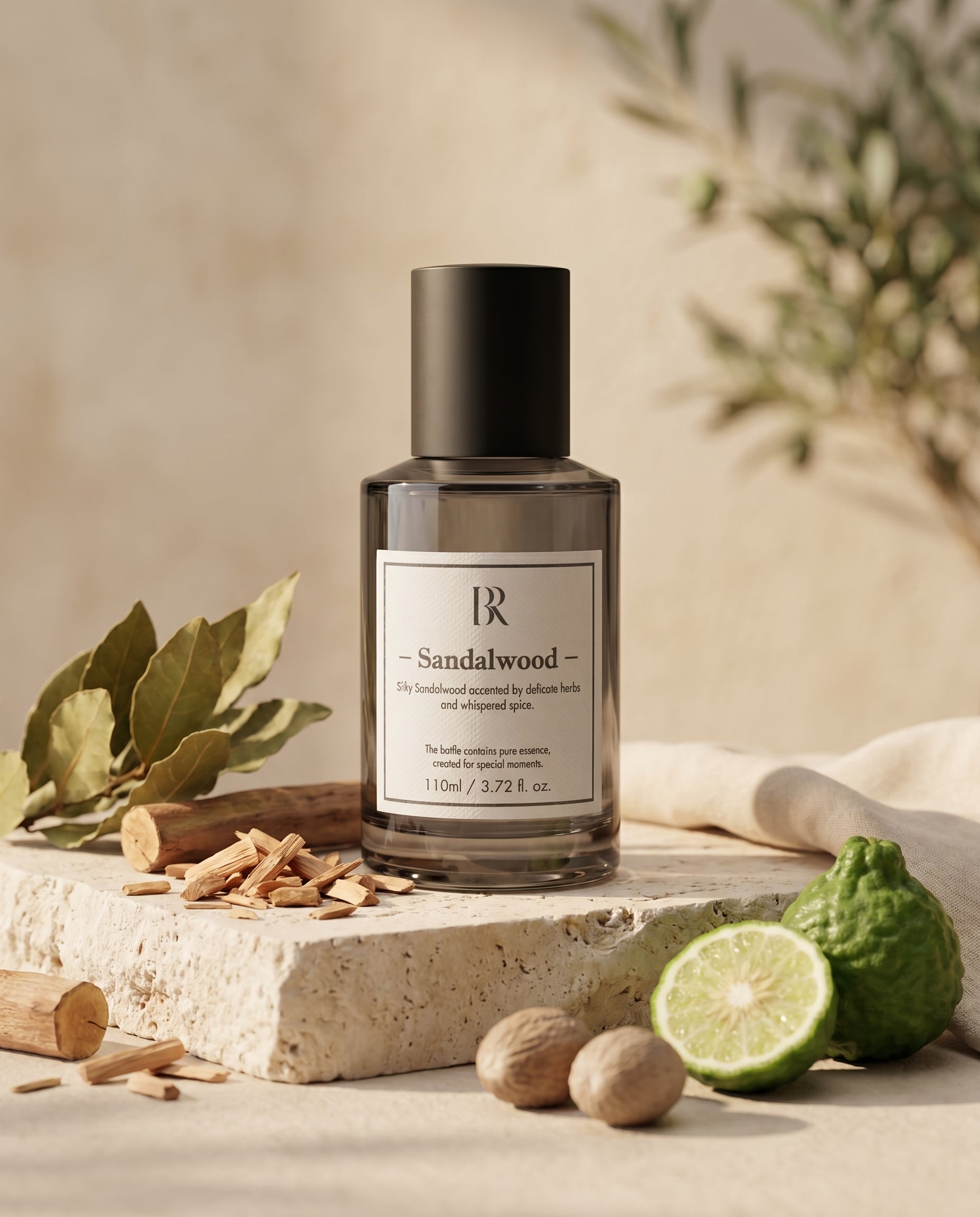 Esenta Sandalwood Barrano pe travertin cu schije lemn santal bergamot nucsoara dafin — mediteraneean