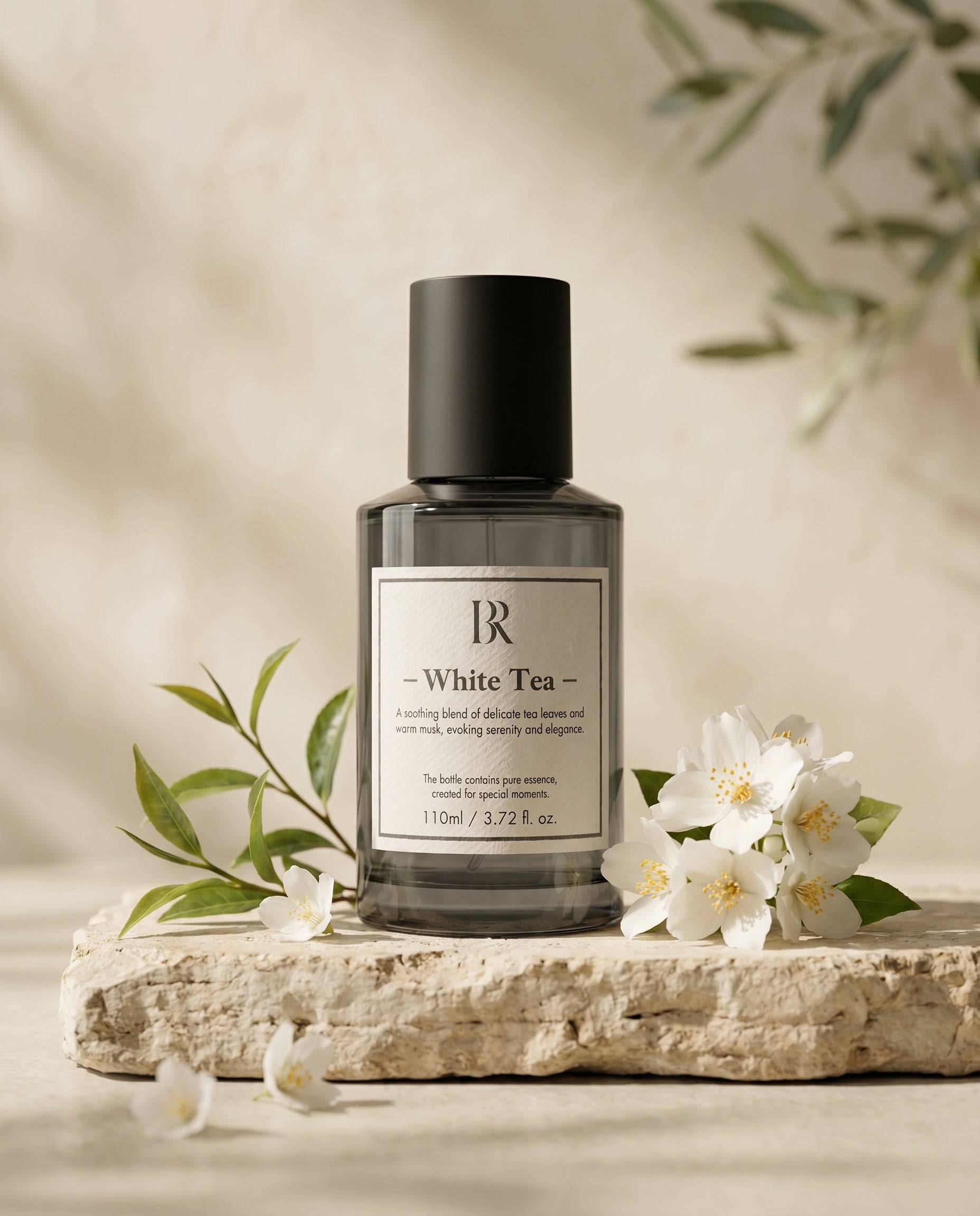 Esenta White Tea Barrano pe limestone cu iasomie alba si frunze ceai verde — ceainarie mediteraneeana