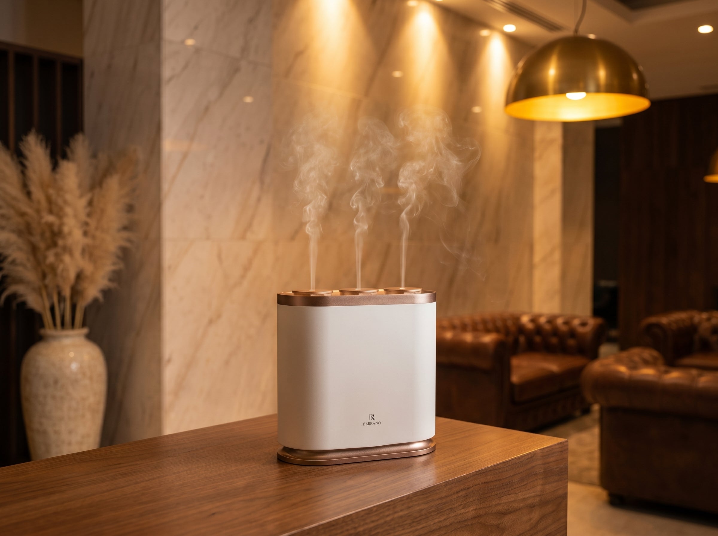 Difuzor Barrano Icon flagship cu 3 atomizoare pe recepție hotel cu marble și chesterfield — B2B luxury hospitality