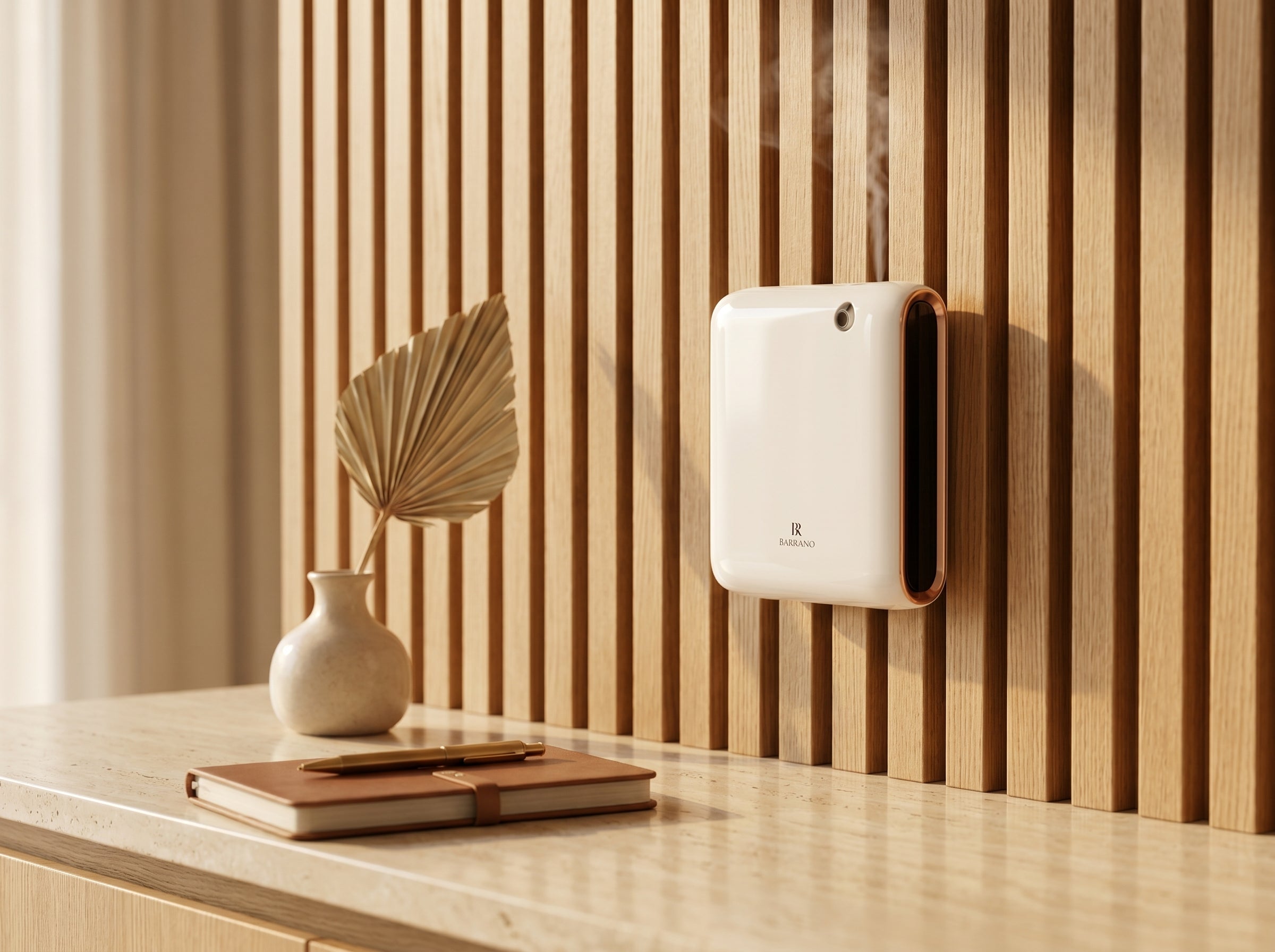 Difuzor Barrano Puro White wall-mounted în birou executive cu lambriuri oak — B2B marketing olfactiv cabinet/office